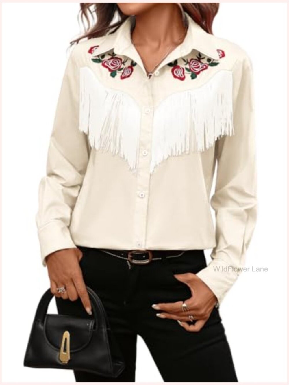 Western Cowgirl Fringe Shirt Long Sleeve Floral Embroidered Snap Collar Boho - Picture 4 of 7